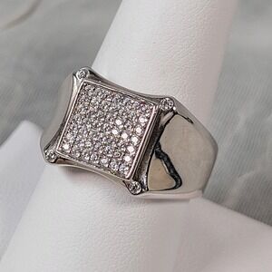 EC Sterling Silver Clear Stone Square Signet Ring Size 8.75